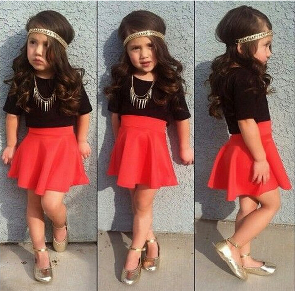 Summer Girl's Suits Baby Girls Red Skirts Black Tshirt Sets Children's Summer Clothing Set For Girls