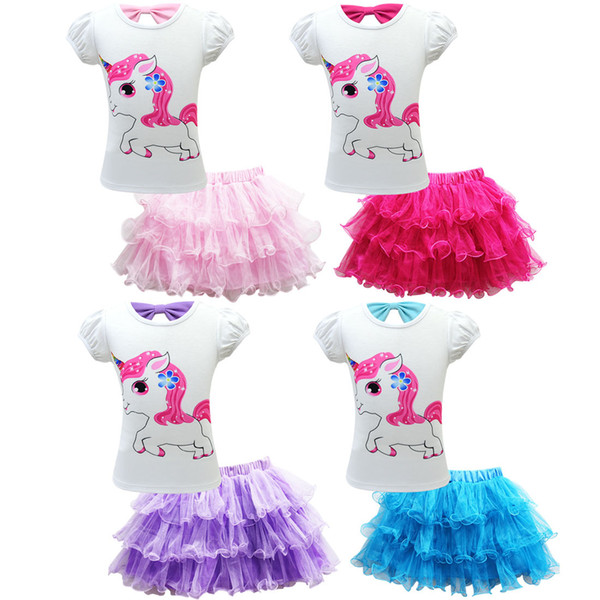 Baby Girls Unicorn Dress Children Two-Piece Puff Sleeve t-Shirts Mesh Lace Dress Kids Cute Cake Tutu Skirts Little Girl Summer Clothing
