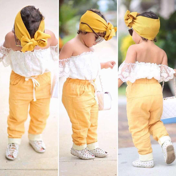 Summer Girl Baby Clothing Sets Girls Off Shoulder White Shirt+Short Sleeve +Yellow Pants+Headband Kids 3 PCS Suits Girls