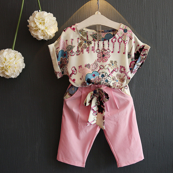 2017 Children Summer Girls Clothing Set Pink Casual Floral T shirts Belt Pants Clothes Suits 2pcs Printing Twinset
