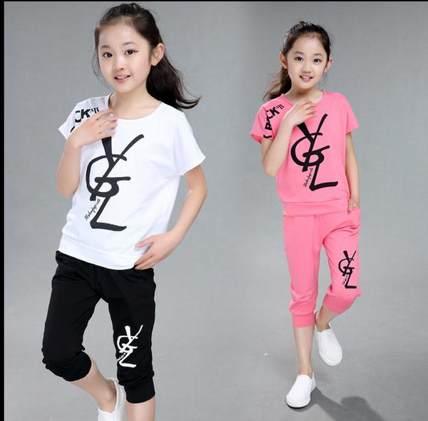 Hot New Children's clothes Sets Baby Kids Clothes Suit Children Short Sleeve Striped T-Shirt +Pants roupas infantil meninas