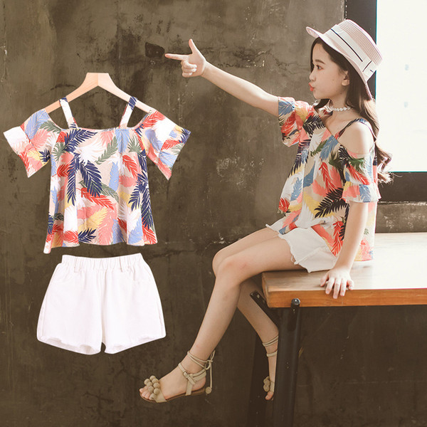 New fashion 2019 Girls Clothing Sets Teenage Kids Clothes Suit Feather Print Tops + Denim Shorts 4-9 Years 2pc Children Clothing Set
