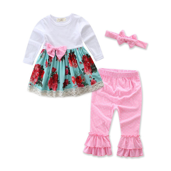 Kids Girls Flower Sets Baby Girl Shirts + Pants + Headband 3pcs Suits 2017 Autumn Infant Girl Outfits Children Boutique Clothes B490