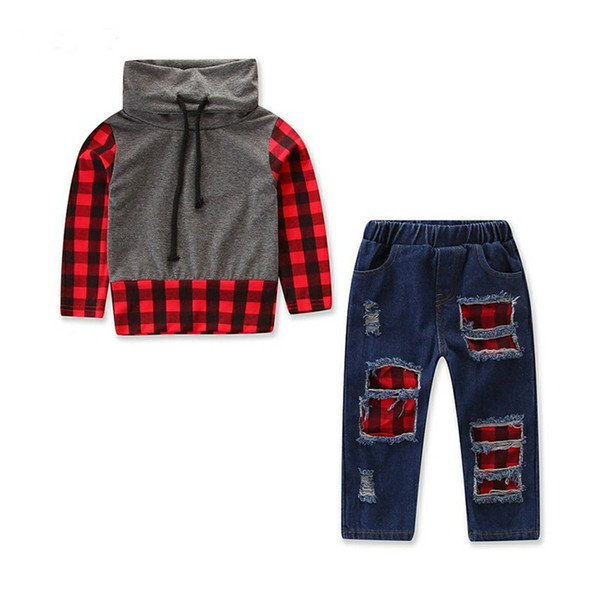 Baby Boys Clothes Trousers Children Toddler Casual Checks Mandarin Collar Tops + Frayed Jeans 2 Piece Set Autumn Kids Clothing Sets
