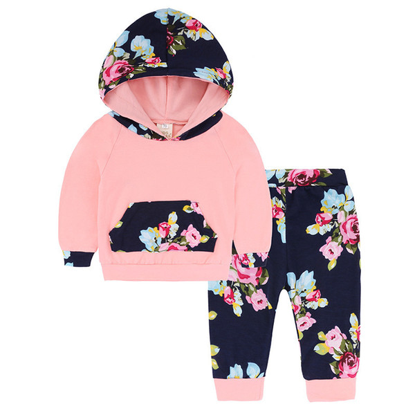 good quality 2019 Fashion Baby Girls Clothes Floral Tracksuit Pink Long Hooded Tops+Leggings Pants Cotton Toddler Newborn 2pcs/Set