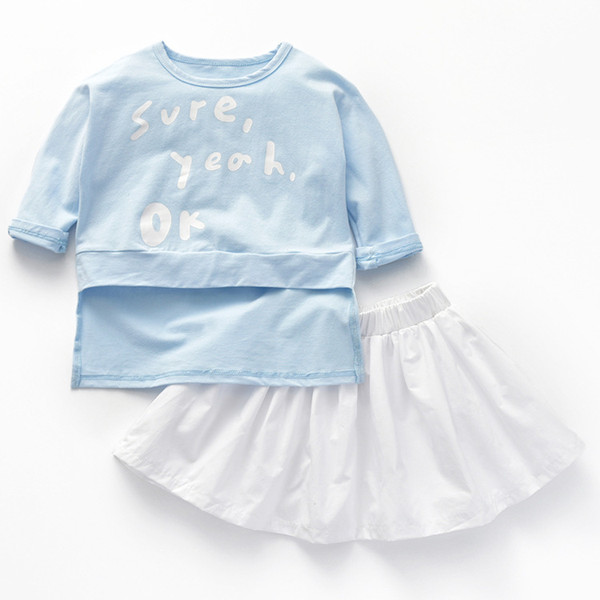 Children's Clothing Spring and Autumn Girl's Blue Round Collar Long Sleeved T-shirt and White Short Skirt Suit Two Pieces
