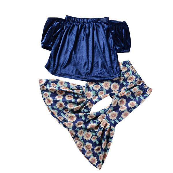 Baby Gold velvet outfits girls velvet Off Shoulder top+chrysanthemum print Flare pants 2pcs/set 2018 new Boutique kids Clothing Sets