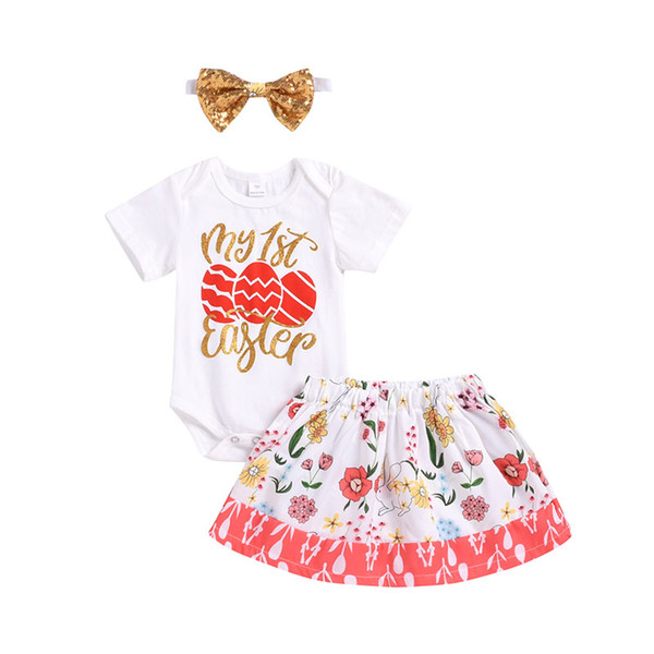 Easter eggs Baby girls outfits letter print romper top+skirts with Bow headband 3pcs/set 2019 summer boutique kids Clothing Sets C5965