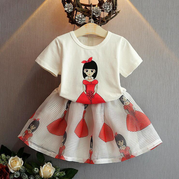 Cute Baby Girls Summer Cartoon Beauty Set Children Clothes Short Sleeve Beauty T-shirt and Stripes Ruffles Short Skirts Kids Clothing Sets