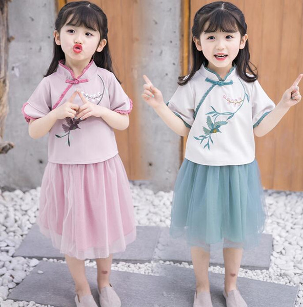 2019 new Summer Clothes Toddler Girl Outfits Chinese Style Short Sleeve Net Veil Plum Flower Embroidery Top+Skirt Baby Hanfu Suit