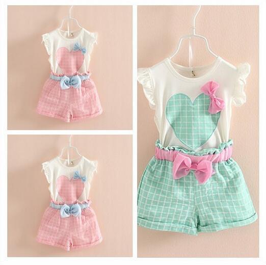 2016 Summer Fashion Children Kids girls clothesset Baby Girls Clothing Set Suit Sleeveless Heart Shirt Vest Bowknot Plaid Shorts HJIA454