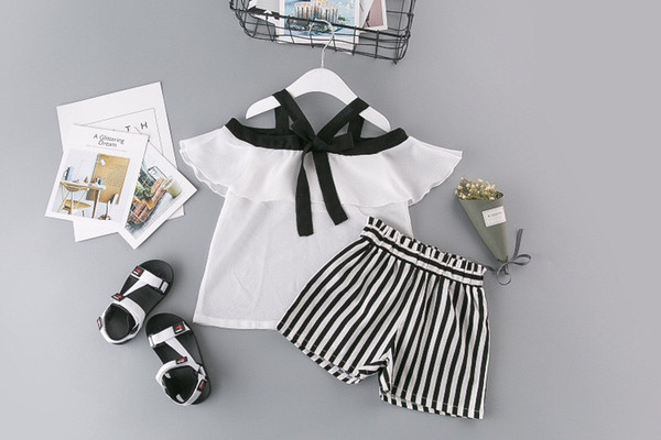 Summer Girls Clothes Sets Children's Clothing Fashion Girl Shirt Top+Striped Shorts Suits 2018 Kids Clothing 2pcs