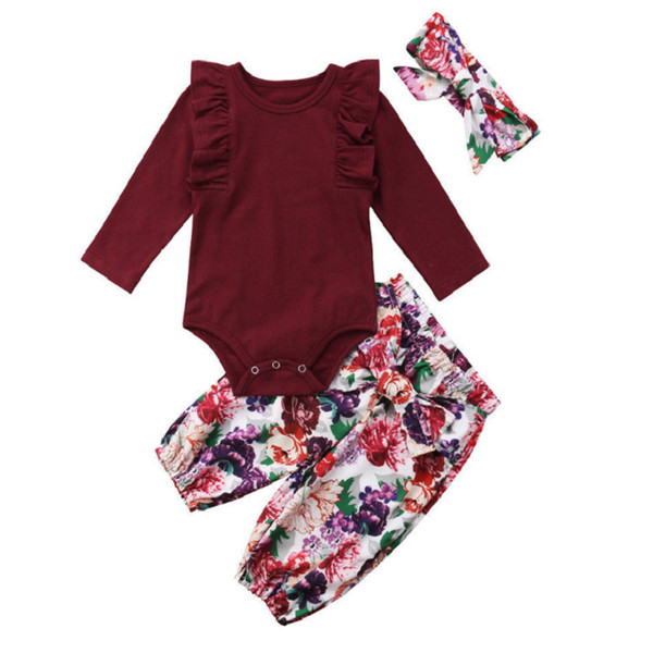 3pcs/set Baby Girl Clothes Set Fly Sleeve Romper +floral Pants +headband Clothes Autumn Wear 0-18m