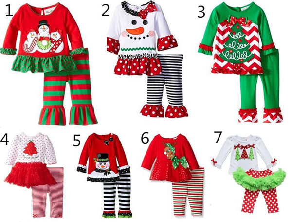 2016 baby Christmas outfit girls deer christmas tree t-shirt + ruffle pants 2pcs sets children polka dot tops kids spring fall wear outfit
