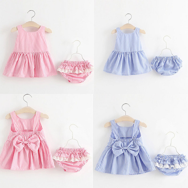 Baby girls Striped outfits children Bow Backless Dress top+ruffle lace pp shorts 2pcs/set 2018 summer suit Boutique kids Clothing Sets C4028