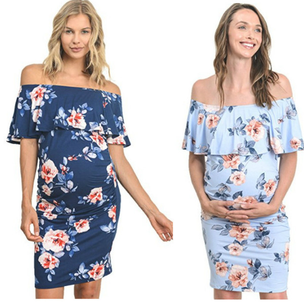 Summer Skinny Maternity Dresses Pregnant Women Clothes Shoulderless Ruffle Floral Printed Pregnancy Dress Maternity Clothing Wholesale 3 col