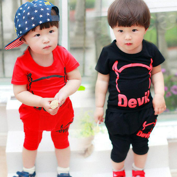 Devil Letters Printing Lovely Girls Clothing Sets Baby Boys Suits Animal Cartoon Tshirts Pants Short Sleeved Suits With Fast Shipping
