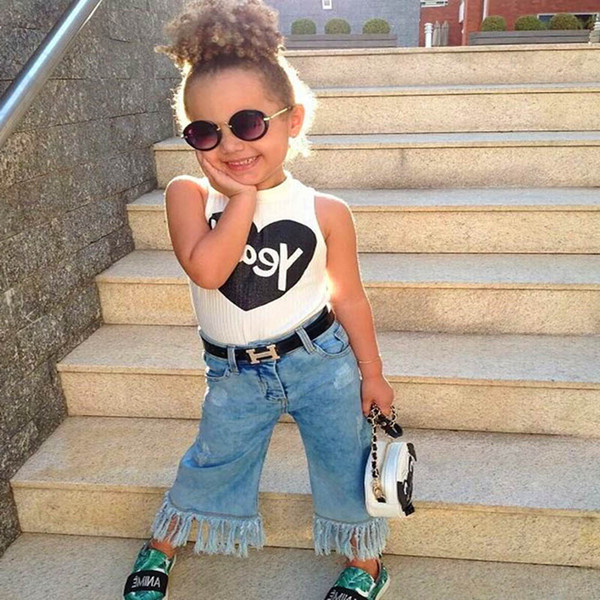kids summer clothes baby girls Outfits 2019 new Kids Sets 2pcs Vest+tassels Jeans Children Suit kids designer clothes girls clothes A3681