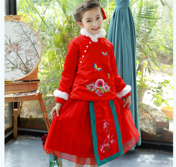 Chinoiserie Girls Thicken Princess Dresses Embroidered Princess Skirt Coat +skirts 2pcs Red Color Genuine Pearl Butterfly Pattern