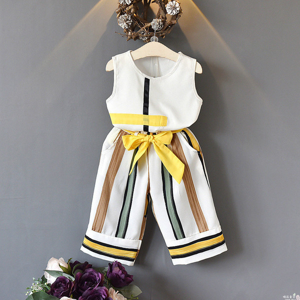 Girls Clothing Sets 2018 New Summer Fashion girls sleeveless Splicing design T-shirt+Casual pants 2Pcs Girls Clothes