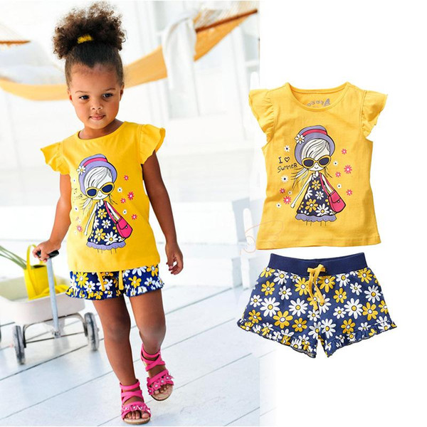 Summer flower Set Children chrysanthemum Short Sleeve Cartoon T-shirt + Short Pants Sport Suits Girl Clothing Sets B