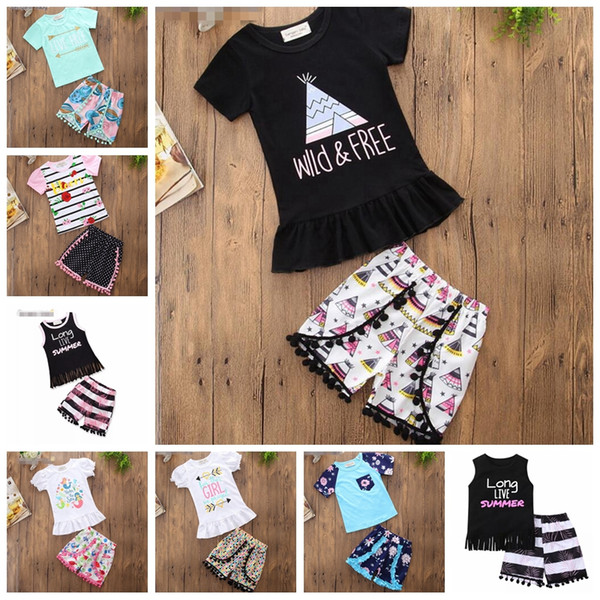 Trendy Ruffle Shorts Outfits for Girls Pom pom Summer Shorts and Tees Set Long Live Summer Graphic Tshirt and Shorts Set For Sale