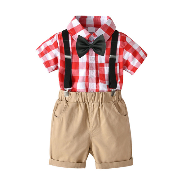 Toddler Boys Clothes Set Red&White Plaid Shirt With Bow + Shorts + Belt Children'S 4pcs Suit For 2-7 years Children Coutume