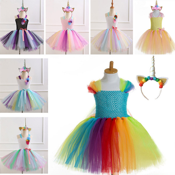 8Styles Girls Unicorn Princess Tutu Dress Set With Unicorn Head Dresses Baby Kids Clothing Halloween Costume Rainbow Outfits HH7-1134