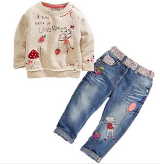 Adorable girl cartoon print embroidered long sleeved jeans coat suit