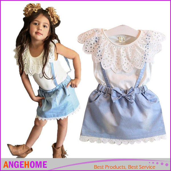 2016 Summer Kids Suit Girl Dress Lace White T Shirts Baby Denim Skirt Kid Dress Suits Child Floral Print suspender trousers