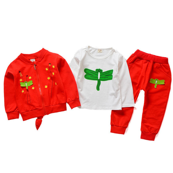 2019 New Autumn Winter Children Girl Cotton Cartoon Dragonfly Model Zipper Jacket T-shirt Pants 3Pcs/Set Kids Clothing Tracksuit