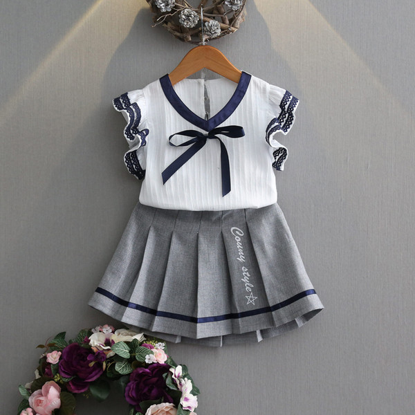 2019 Summer College style Short sleeve Girls T-shirt Tops+Short Skirt 2PCS princess Set Toddler Kids Baby Outfits Clothes 2-7Y
