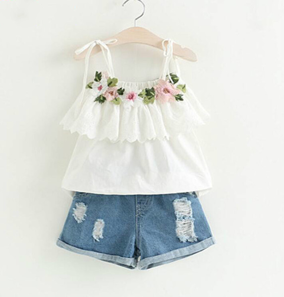 Fashion Girls Clothing Set Summer Baby Girls Clothes White Jacket Flower Decoration+Denim Shorts Children Clothes Free Shipping
