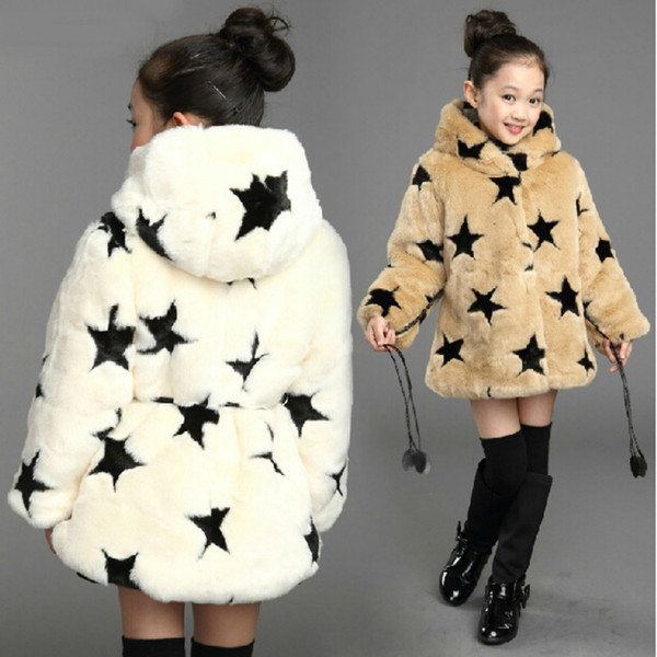 Children's Faux Fur Coat Russian Winter Outerwear Thickening Hooded Star Pattern Girls Coat Rabbit Fur Princess Fur Jacket