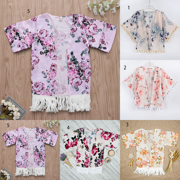Children Floral Coat INS girls tassel Outwear 2019 new fashion kids Flower print Clothing shawl 5 colors C3636