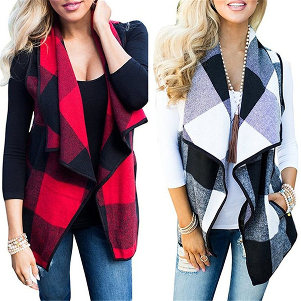 Women Lapel Plaid Cardigan Open Front Blouse Outwear Waistcoat Pocket Vest Coat Irregular Check Sleeveless Jacket Ladies Cloak Tops C92702