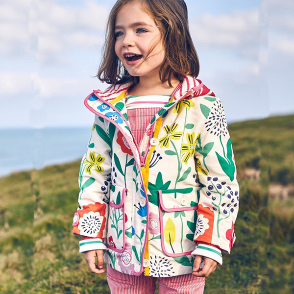 Kidsalon Girls Jackets and Coats Flower Printed Outdoor Baby Girl Windbreaker Coats Hooded Kids Jacket Children Winter Outerwear