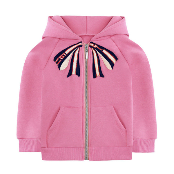 2019 autumn and winter new bow embroidery girls cotton cardigan hooded plus velvet sweater coat tide