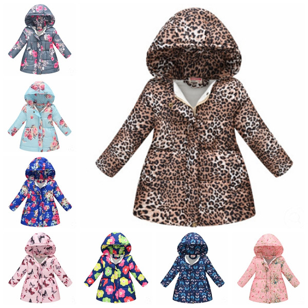Kids Coats Floral Girls Cotton Jackets Leopard Children Hooded Coat Winter Warm Girl Outwear Designer Kids Clothing 13 Designs 30pcs DW4347