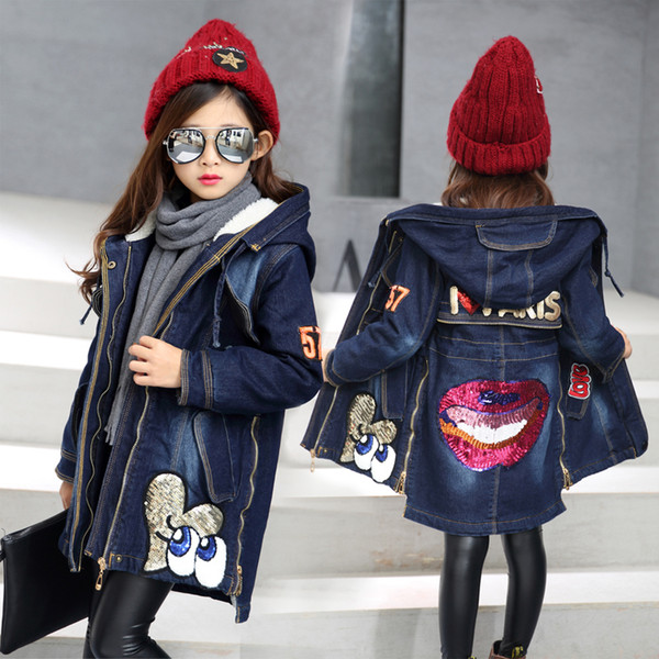 New 2017 Cartoon Thickened Big Girl Clothes Autumn Winter Embroidered Sequins Denim Jacket Female Children Casual Clothing