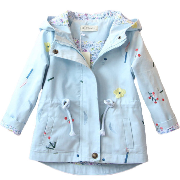 2019 New Spring Autumn Girls Windbreaker Coat Baby Kids Flower Embroidery Hooded Outwear Baby Kids Coats Jacket Clothing