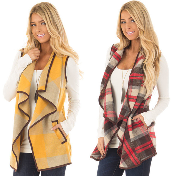 Autumn Women Waistcoat Casual Loose Grid Plaid Office Ladies Vest Overcoat Sleeveless Turn Down Neck Jacket Cardigan Outwear 2019 new C92702