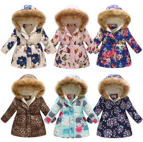 Baby Girls Coats Flower Pattern Hooded Jackets Printed Child Hoodies Cartoon Princess Outwear Winter Kids Clohting 15 Designs DW1789