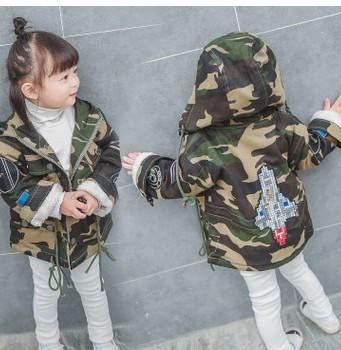 Children Girls Camouflage Rocket Coats Long Sleeve Kids Fashion Outwears With Hat Velvet Thicken Warm Winter Girls Boys Coats Outwears With