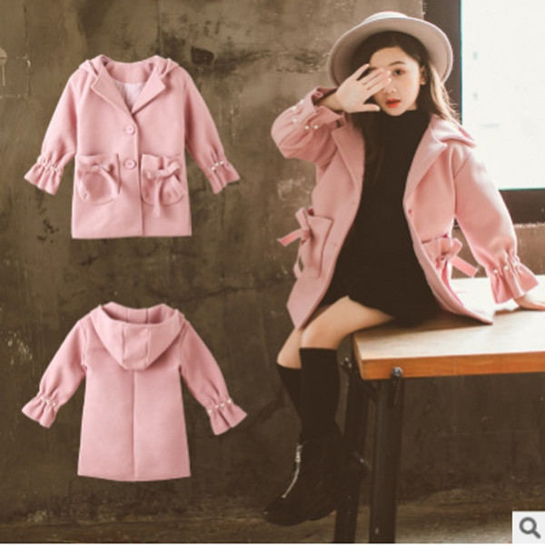 Girls Woolen Blends Coat 2019 New Winter/Autumn Children Beading Closing Sleeve Long Sleeves Coat 2 Solid Colors Size4-14 ly122Girls Woolen