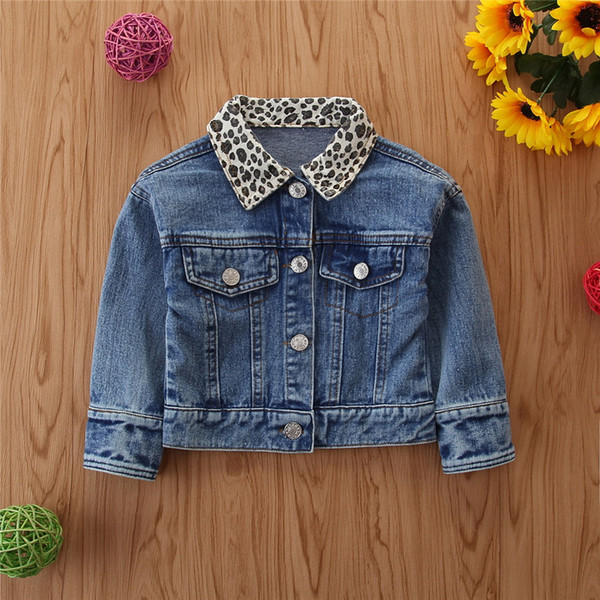 2019 Denim Jacket For Girls Fashion Leopard Patchwork Turndown Collar Coats Children Clothing Autumn Baby Girls Outerwear Jean Jackets Coat