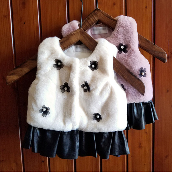 Fashion Flower Girls Vest Autumn Fleece Lace Hem Children Waistcoat Winter Wear Pearl Floral Kids Tops Casual Outwear C2027