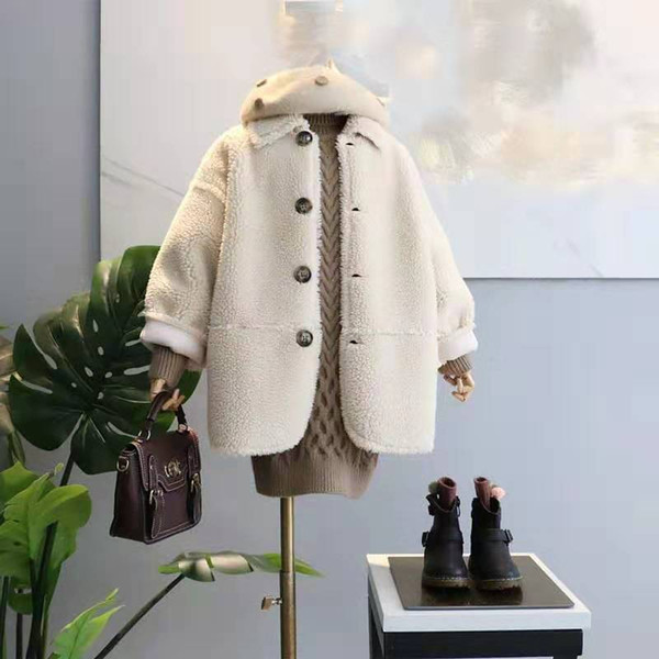 2019 New Winter Girls Korean Version Fashion Mid-long Single-breasted Turn-collar Thickened Coat in lamb velvet 2 colors