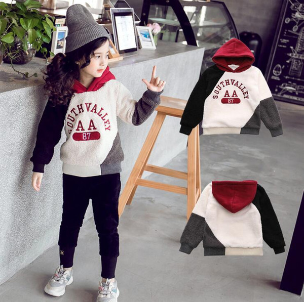 Kids designer clothes girls winter new children plus velvet sweater hooded long-sleeved Teddy velvet stitching hooded sweater