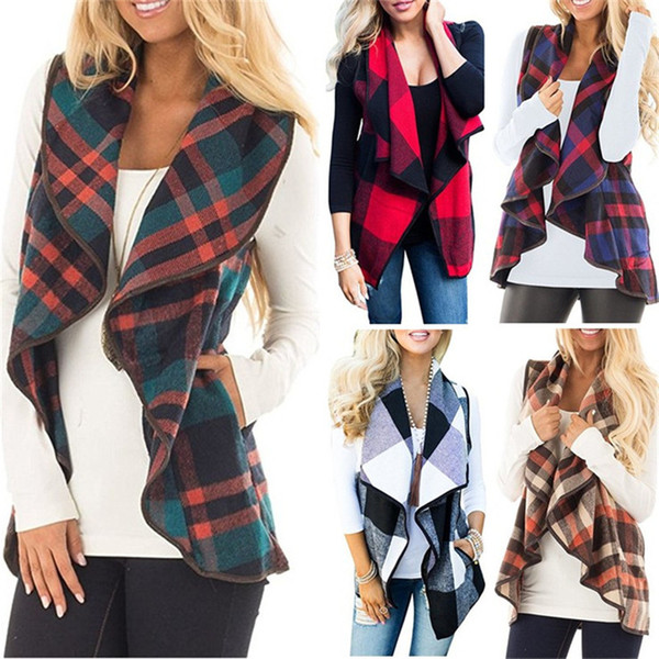 8 Color Plaid Cardigan Vest for Women Lady Sleeveless Lapel Coat Irregular Autumn Winter Jackets Open Front Blouse Outwear Waistcoat C92702